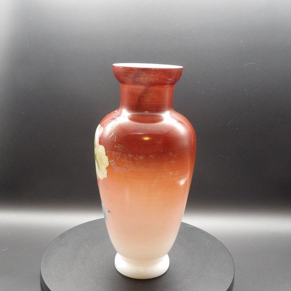 Antique Hand Painted Bristol Glass Vase Red Burgundy Umber with White Flower 9" - Picture 2 of 10